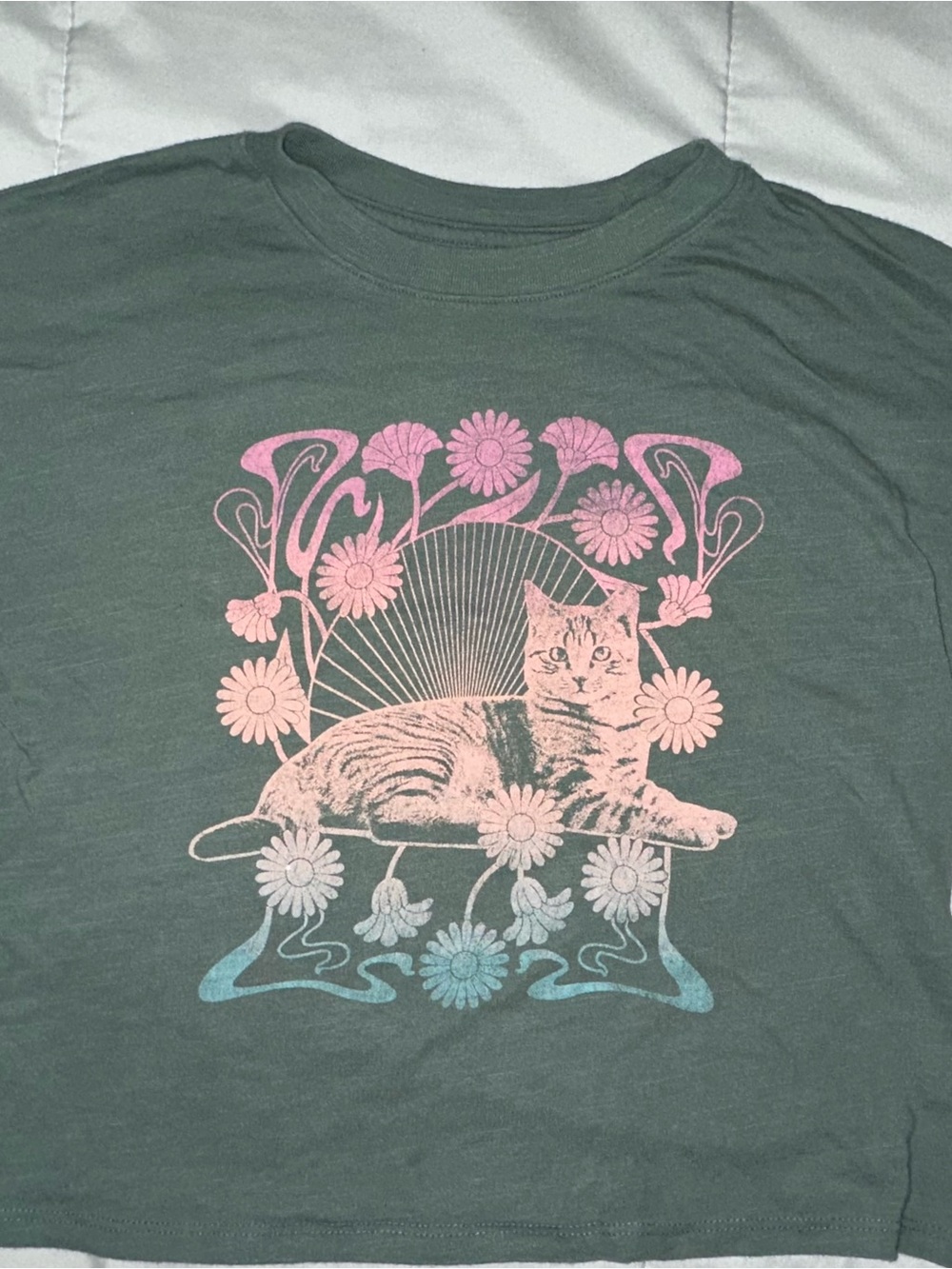 SO Green Tee with Pink and Blue Floral Cat Graphic